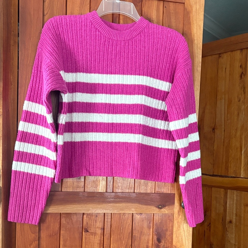Pink Rose - Pink and White Striped Women's Cropped Sweater